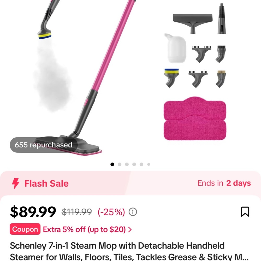 Pink and Gray Steam Mop with Attachments